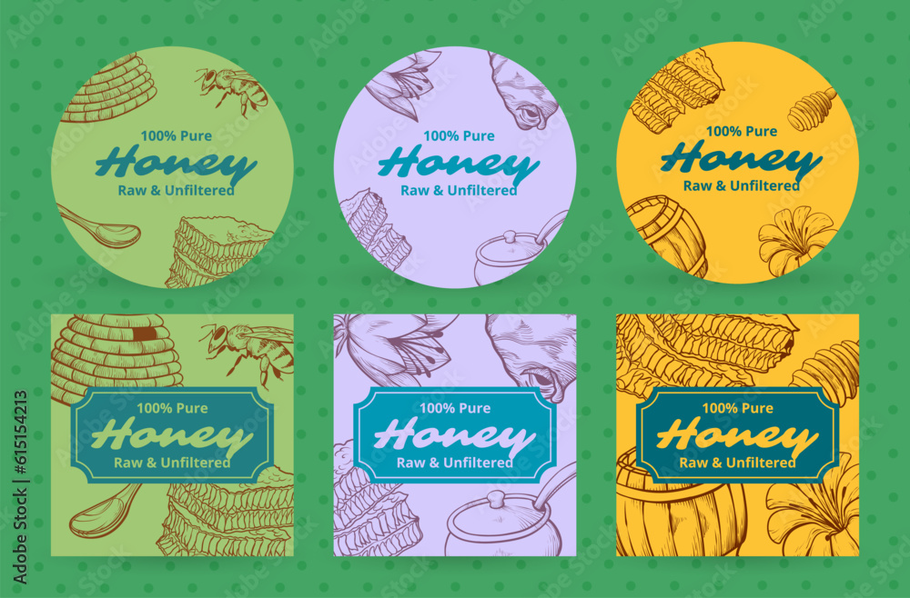 Natural honey labels pure raw unfiltered organic beekeeping product pack sticker template set vector