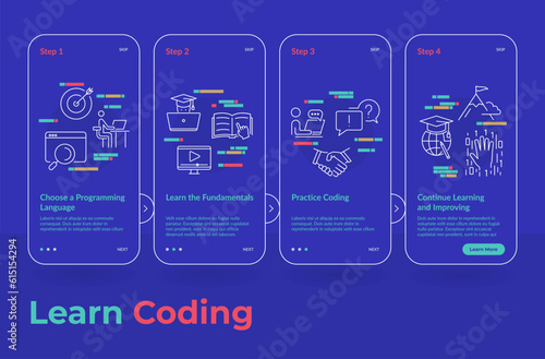 Learn coding steps educational course mobile application user interface with line elements vector