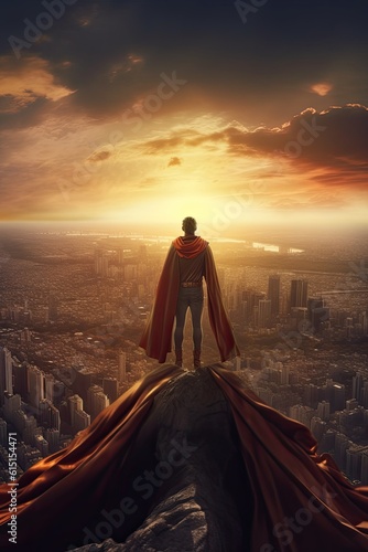 Super hero in front of big city new life concept photo realistic illustration - Generative AI.