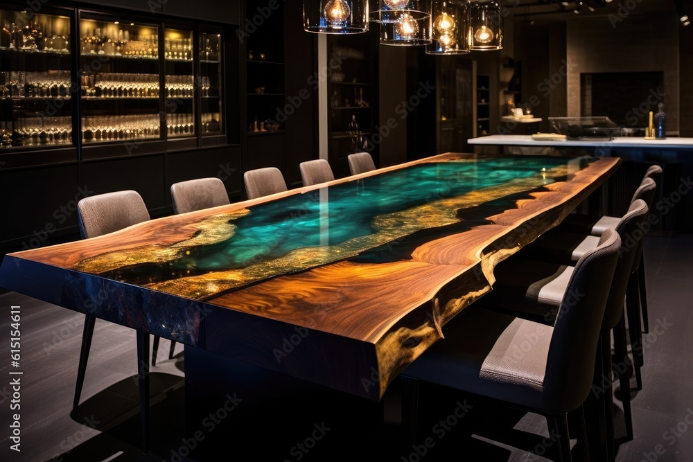 Epoxy resin table for perfect elegance in the dining room, which can be admired at every meal. Generative AI Technology  