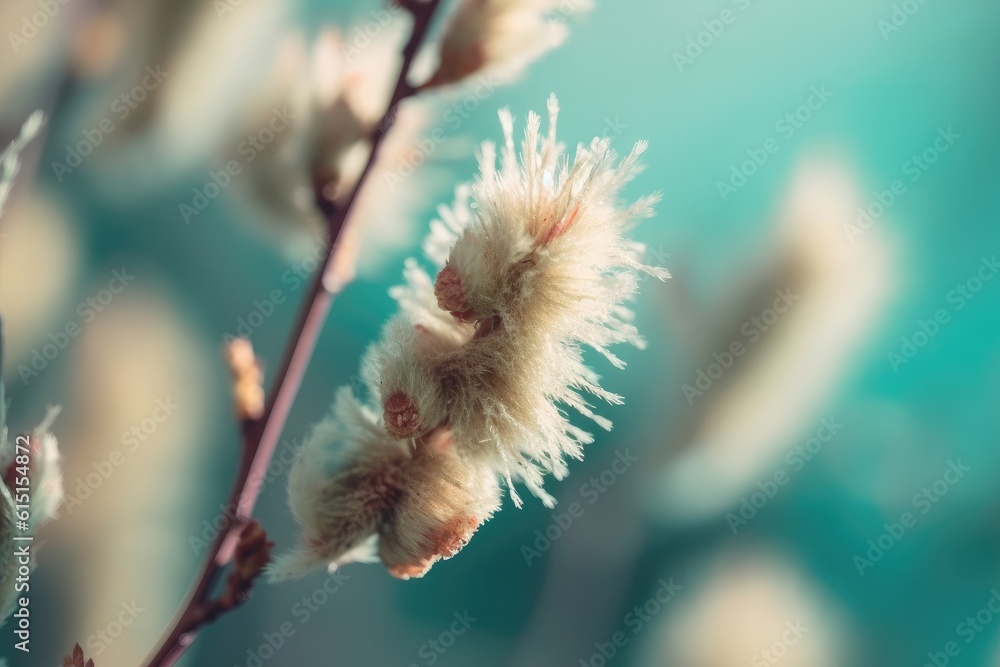 Close up blooming fluffy willow branches in spring with soft focus on turquoise blue background sky. Ai generative. Close up blooming fluffy willow branches in spring with soft focus on turquoise blue background sky. Ai generative.