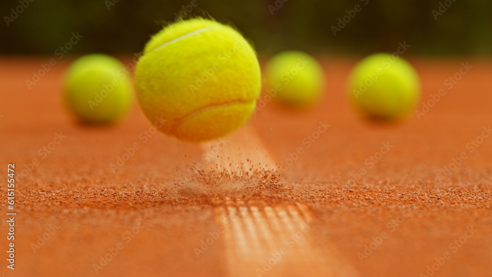 Freeze motion of flying tennis ball in court.