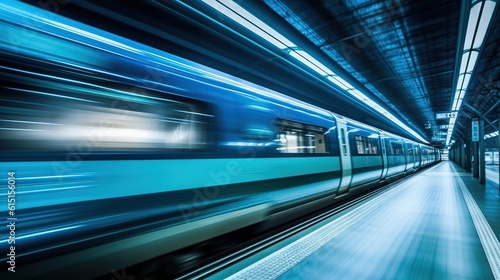 Motion blue blur of an automatic train moving in a tunnel. generative AI