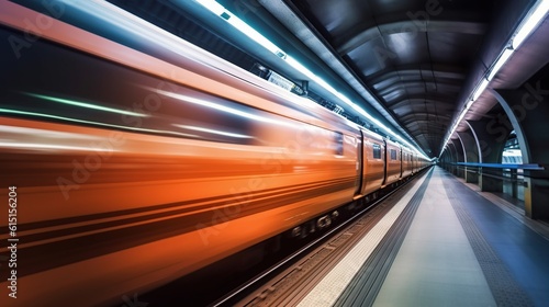 Motion orange blur of an automatic train moving in a tunnel. generative AI © maretaarining