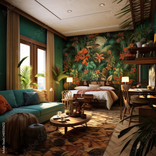 Interior design of a dream studio apartment, tropical style. minimal bed room. © peacehunter
