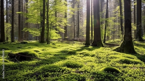 forest trees nature green wood sunlight background. generative AI