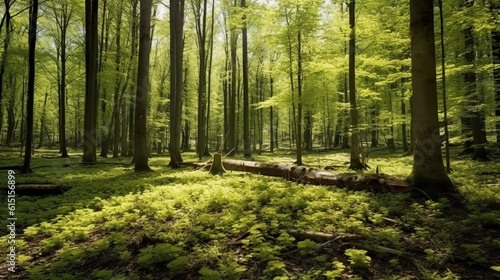 forest trees spring nature green wood sunshine background. generative AI