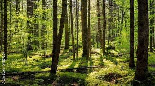 forest trees spring nature green wood sunshine background. generative AI © maretaarining
