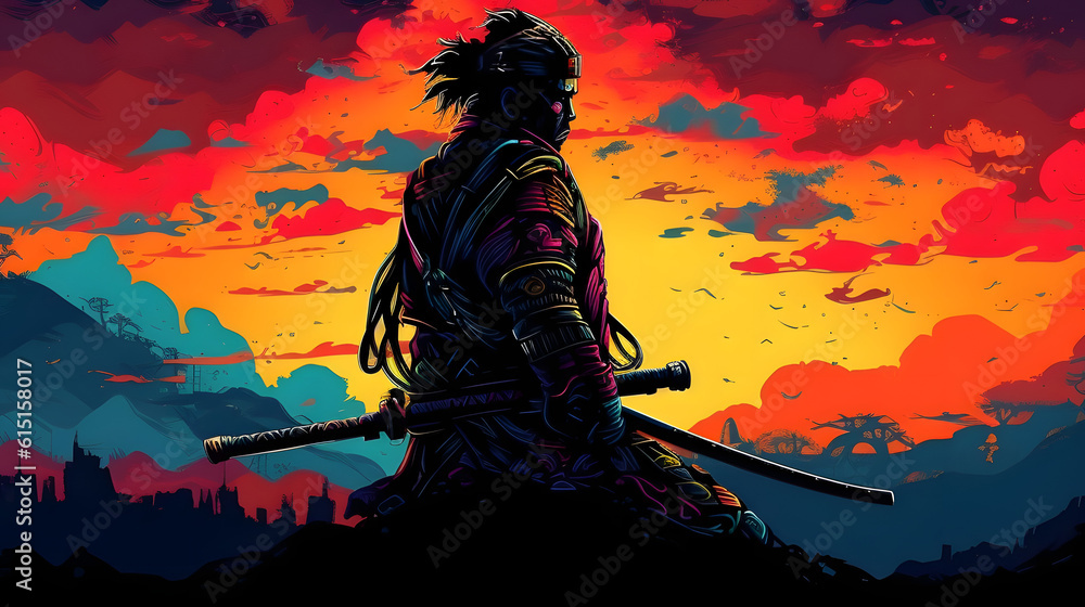 Beautiful samurai at sunrise. Generative AI Beautiful samurai at sunrise. Generative AI