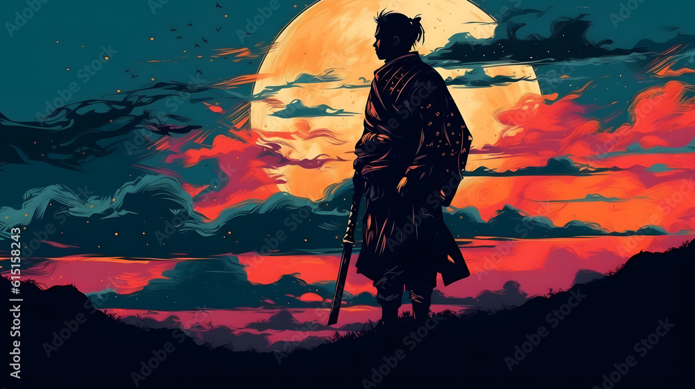 Beautiful samurai at sunrise. Generative AI Beautiful samurai at sunrise. Generative AI