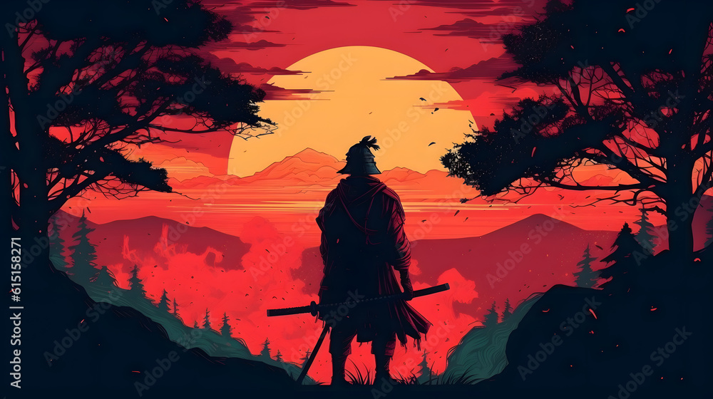 Beautiful samurai at sunrise. Generative AI Beautiful samurai at sunrise. Generative AI