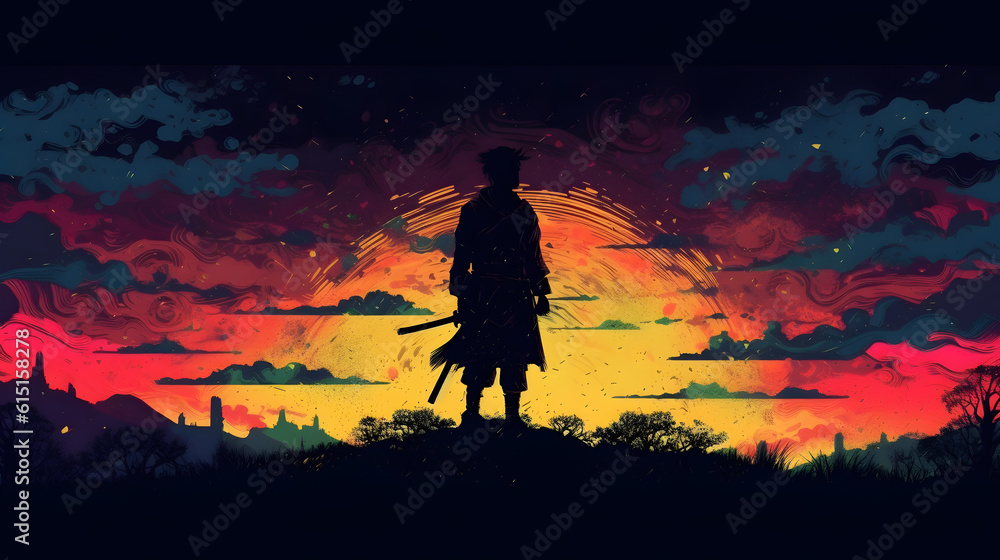Beautiful samurai at sunrise. Generative AI Beautiful samurai at sunrise. Generative AI