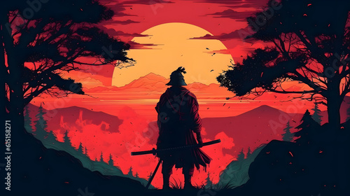 Beautiful samurai at sunrise. Generative AI