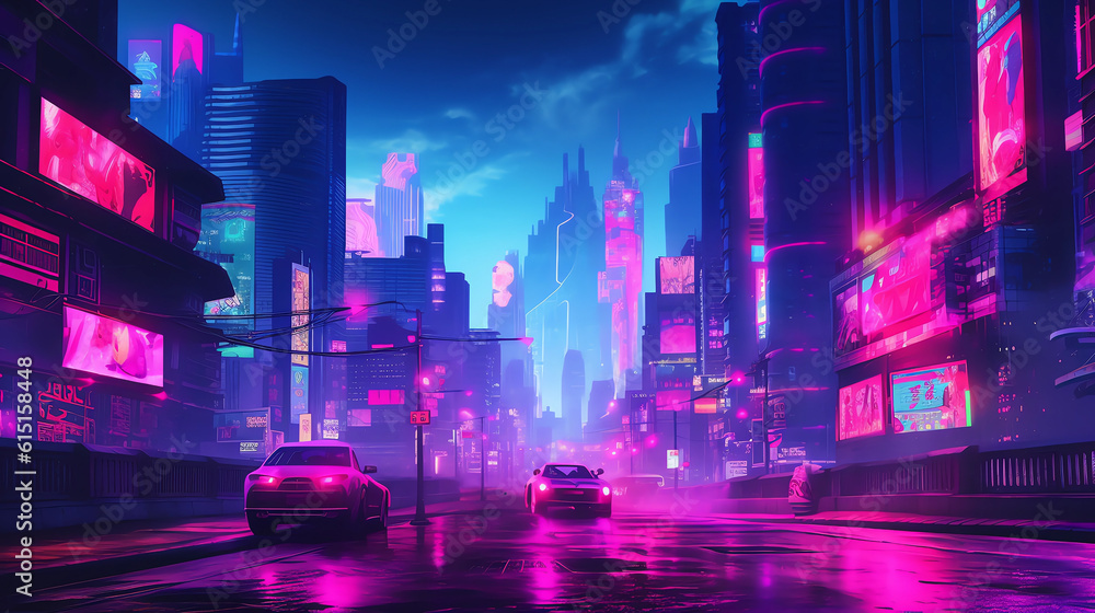 city ​​street illustration at night and dusk in steam wave style

