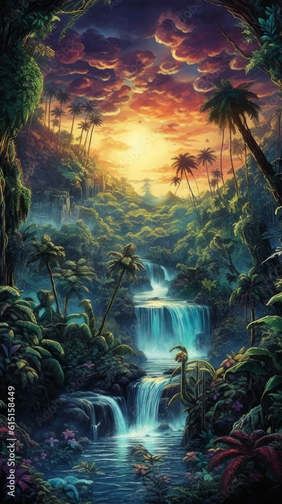 Fototapeta premium Tropical forests with lush foliage and waterfalls. Generative AI