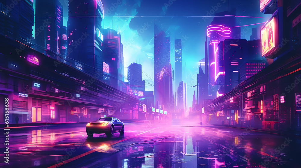 city ​​street illustration at night and dusk in steam wave style