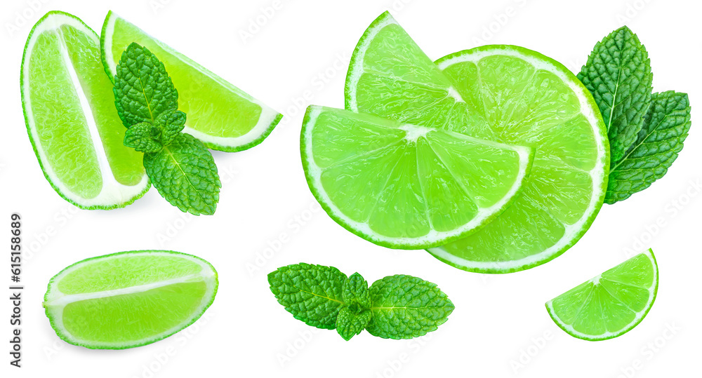 Lime isolated on white background. Lime citrus fruit with mint leaf . Collection. Pattern Lime isolated on white background. Lime citrus fruit with mint leaf . Collection. Pattern