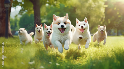 Cute funny dogs group running and playing on green grass in park, Generative AI