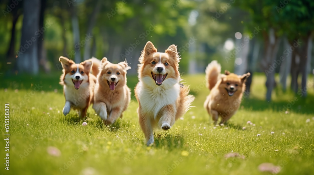 Cute funny dogs group running and playing on green grass in park, Generative AI Cute funny dogs group running and playing on green grass in park, Generative AI