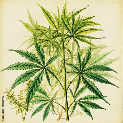 Cannabis sativa herbaceous plant as in the vintage botanical illustrations  victorian style on creamy paper  background