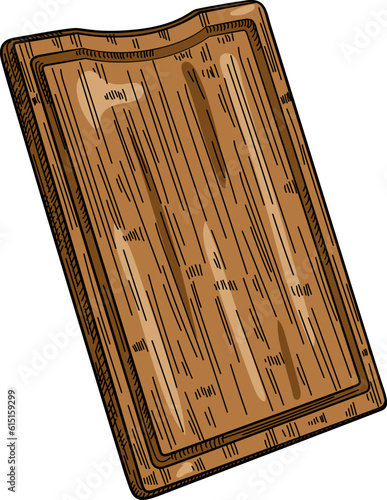 Hand drawn cutting rectangular wooden board. Barbecue serving board. Kitchen utensils sketch. Engraving style.