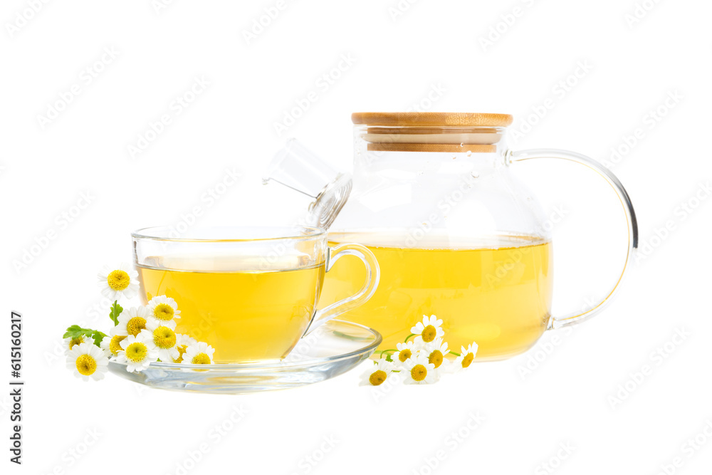 Chamomile herbal tea in glass teapot and cup isolated on white background. Close-up. immunity tea. Chamomile herbal tea in glass teapot and cup isolated on white background. Close-up. immunity tea.