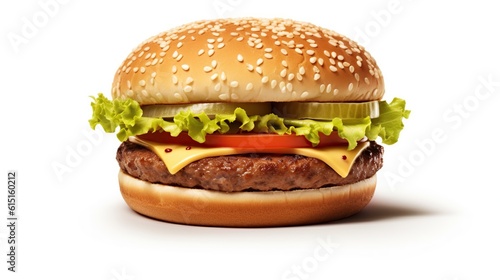 delicious burger with cheese and salad on white background. generative AI
