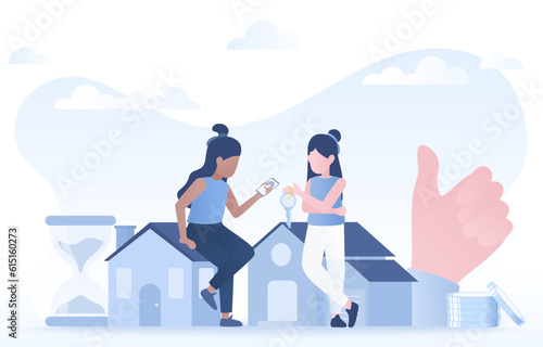 The concept of property investment, real estate, or mortgage. The idea of homeownership, financial planning, contracts, deal, wealth, stability, and success. Flat vector design illustration.