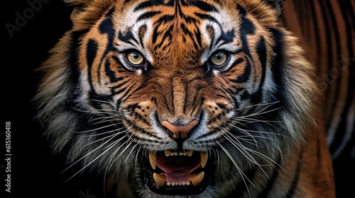 ferocious tiger face on black background. Generative AI © maretaarining
