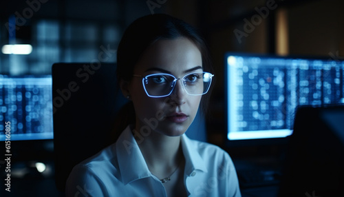 Serious businesswoman sitting indoors, using computer, coding with confidence generated by AI