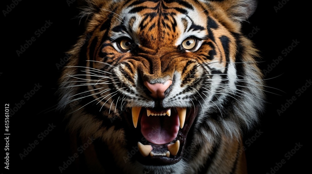 ferocious tiger face on black background. Generative AI