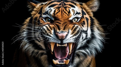 ferocious tiger face on black background. Generative AI © maretaarining