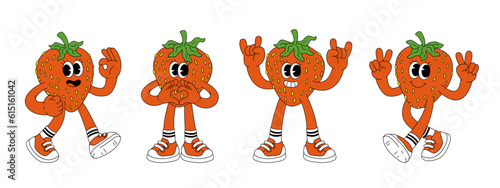 Fruit retro funky cartoon characters. Comic mascot of strawberry with happy smile face, hands and feet. Groovy summer vector illustration. Fruits flower berries juicy sticker pack.
