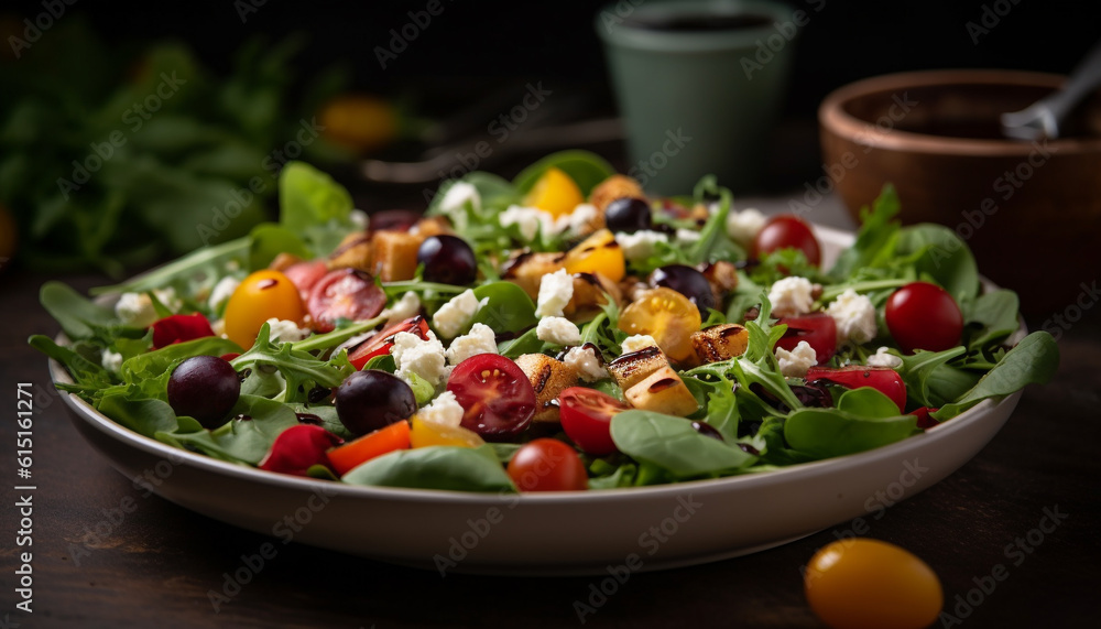 Healthy summer snack mozzarella and cherry tomato salad with herbs generated by AI