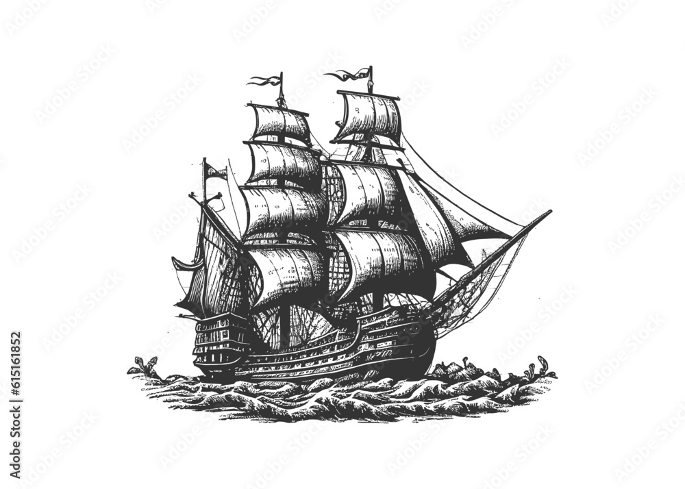 Pirate ship sailboat retro sketch hand drawn engraving. Vector illustration desing. - obrazy, fototapety, plakaty 