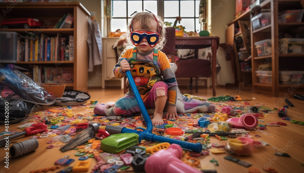 Fototapeta premium Cute preschoolers playing with colorful toys in cheerful playroom indoors generated by AI