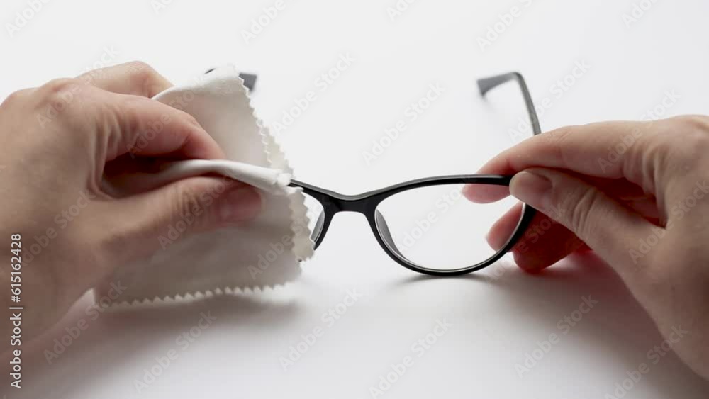 Female hands cleaning eyeglasses with a fiber cloth Female hands cleaning eyeglasses with a fiber cloth
