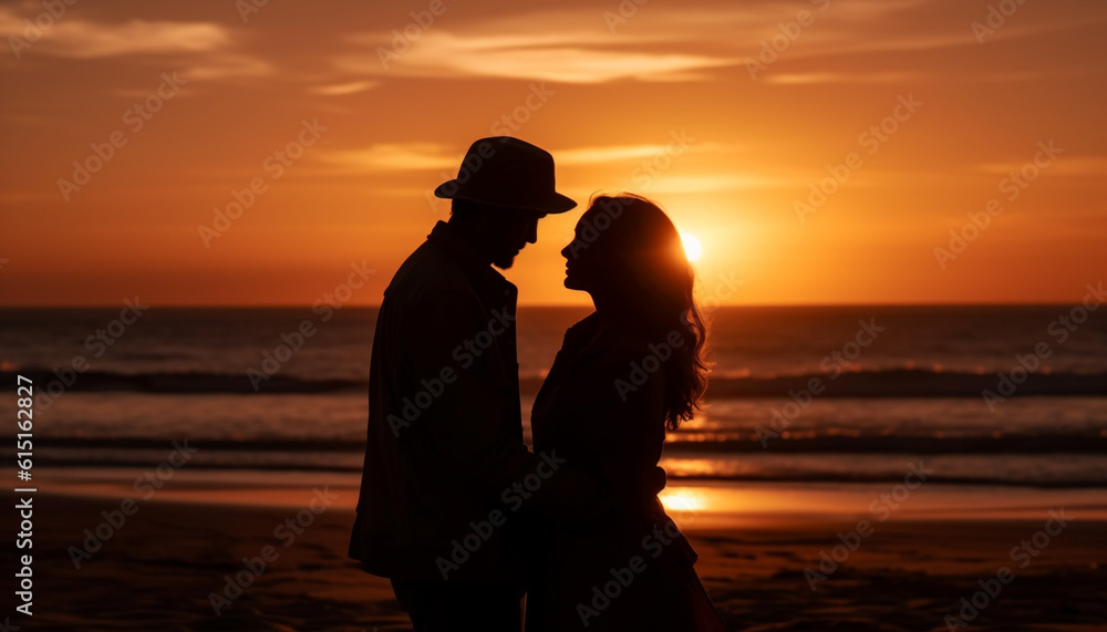 A romantic sunset kiss, embracing love in nature beauty generated by AI