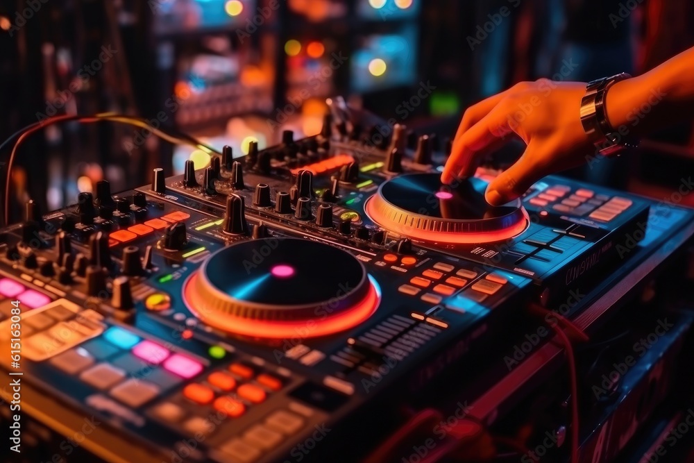 Night club, nightlife concept. DJ hands hold microphone and mixing DJ remote. Neon light, ai generated Night club, nightlife concept. DJ hands hold microphone and mixing DJ remote. Neon light, ai generated
