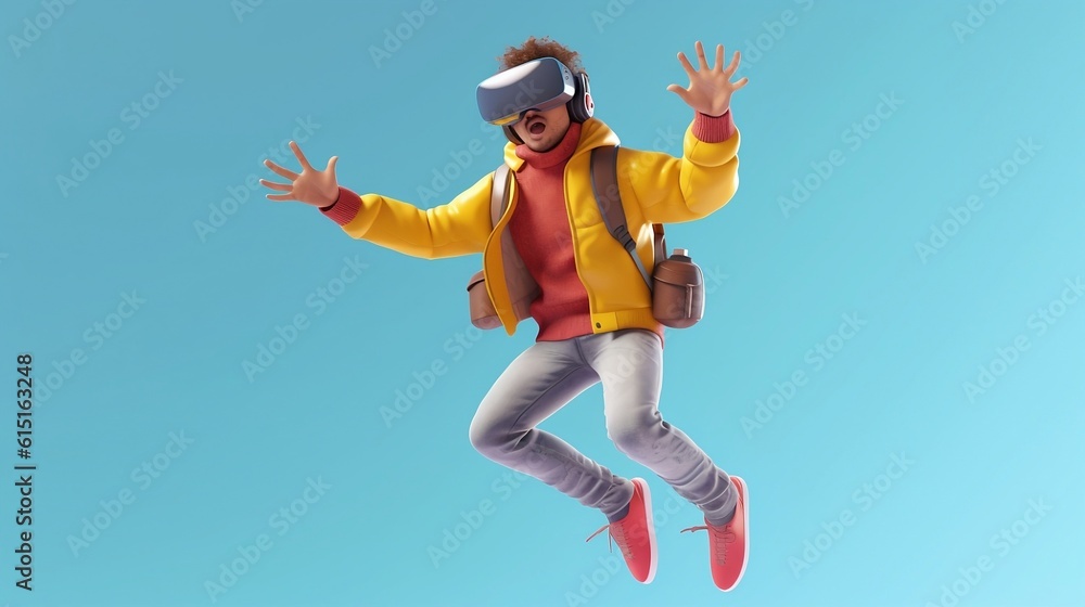 Virtual Reality Fun: Man in Yellow Jacket Jumping with VR Headset in Clear Blue Background Virtual Reality Fun: Man in Yellow Jacket Jumping with VR Headset in Clear Blue Background