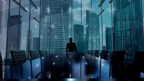 Decentraland. Businessman Working in Office among Skyscrapers. Hologram Concept photo