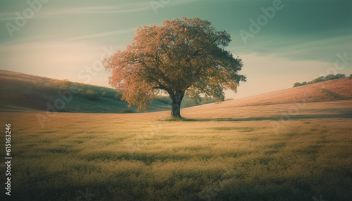 Tranquil sunset over rural meadow, a serene beauty in nature generated by AI