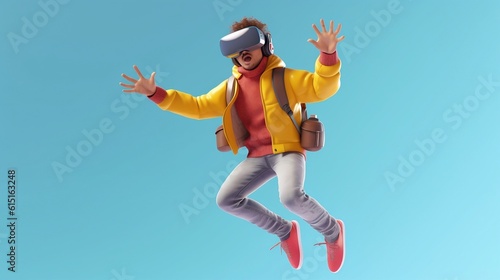 Virtual Reality Fun: Man in Yellow Jacket Jumping with VR Headset in Clear Blue Background