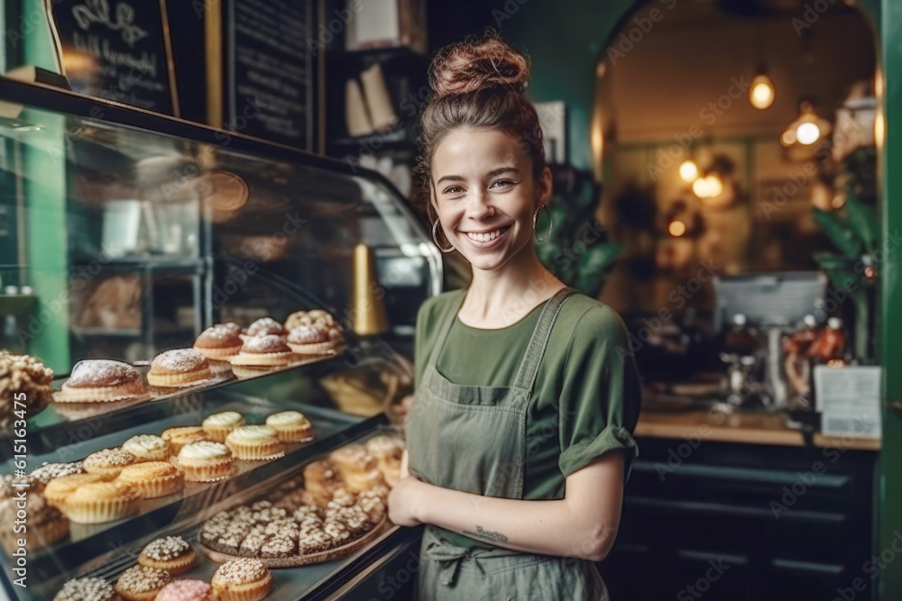 Happy small pastry and coffee shop owner, smiling proudly at her store. Cheerful female baker working at her shop Happy small pastry and coffee shop owner, smiling proudly at her store. Cheerful female baker working at her shop