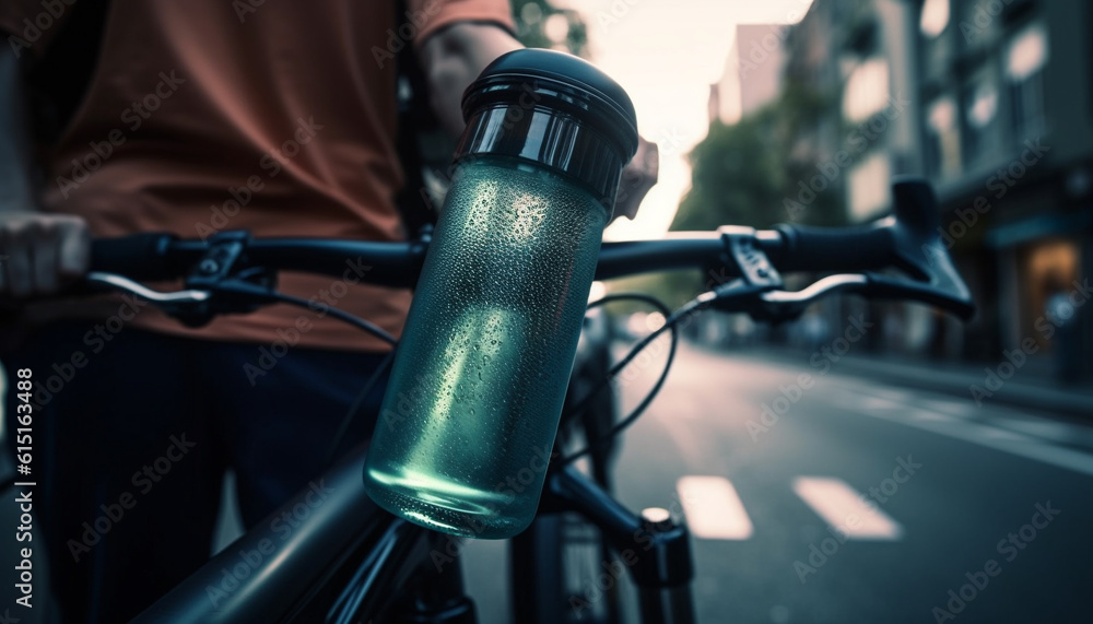 Caucasian male cyclist rides through city traffic on modern bicycle generated by AI Caucasian male cyclist rides through city traffic on modern bicycle generated by AI