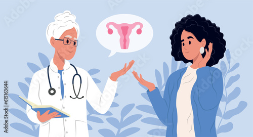 Uterine Fibroids symptoms, diagnostic and treatment. Elderly family doctor is talking to a patient with uterine fibroids. July is fibroid awareness month. Consultation of a gynecologist.