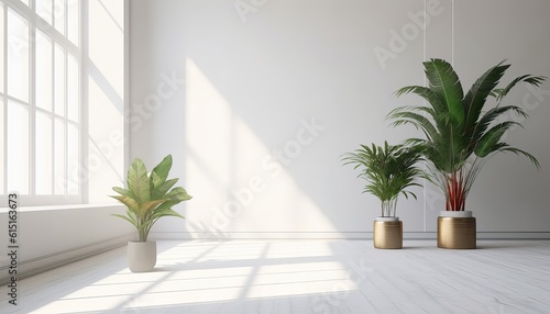 White empty room with plant and sunlight.3d rendering