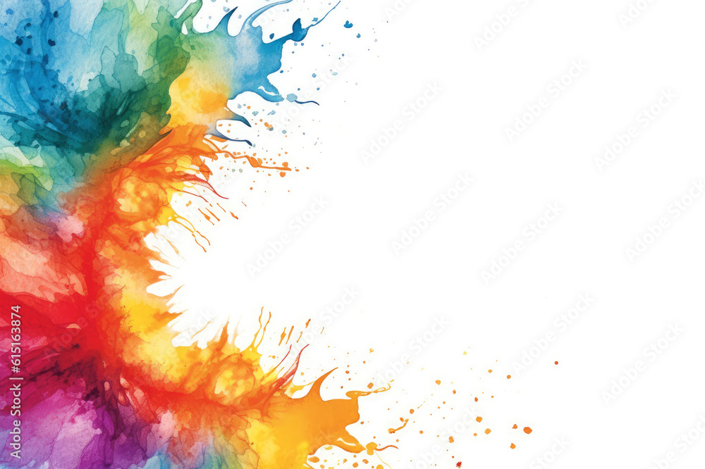 Colorful watercolor splashes on a white background, watercolor border with rainbow colors. Generative AI