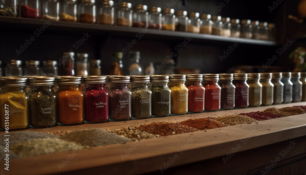 A variety of healthy spices in jars, fresh and organic generated by AI