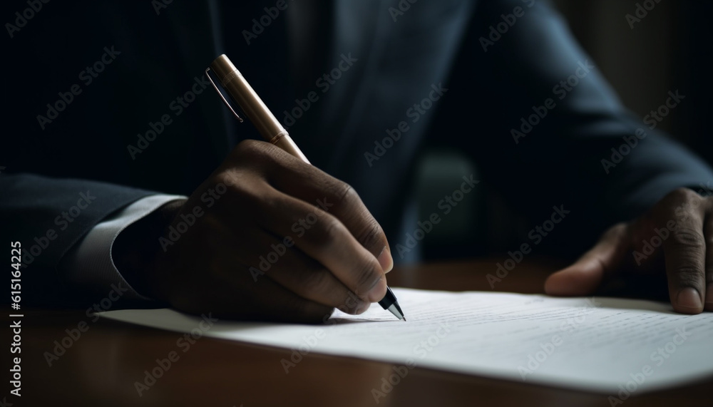 The businessman sitting at the desk signing the contract generated by AI The businessman sitting at the desk signing the contract generated by AI